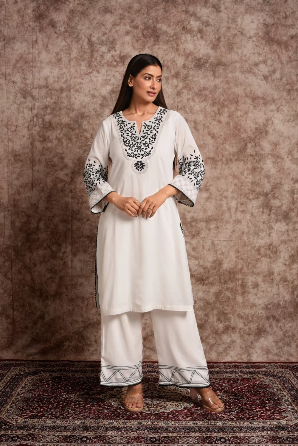 Elara – White & Black Monochrome Embroidered Kurta Set
