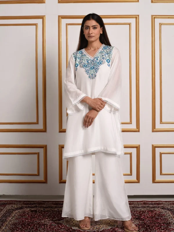 Full-length catalog view of Azure white V-neck kurta set with blue garden embroidery and lace trimmed hemline by Embrowhite