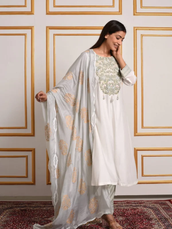 Full-length front pose showing mint green floral yoke embroidery and matching straight trousers on Hinaya kurta set by with Dupatta Embrowhite