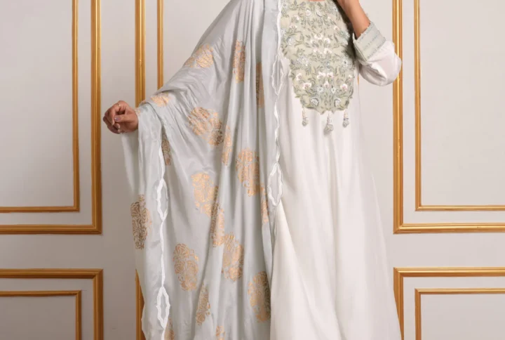 Full-length front pose showing mint green floral yoke embroidery and matching straight trousers on Hinaya kurta set by with Dupatta Embrowhite