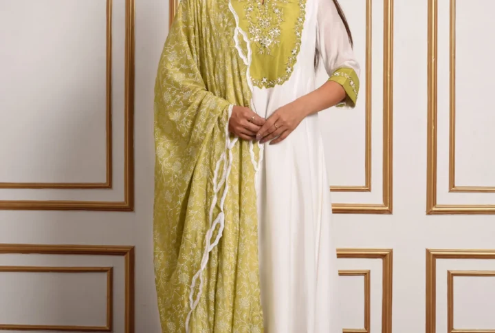 Full-length front view of Gulistan ivory suit set with olive floral printed dupatta and embroidered yoke by Embrowhite