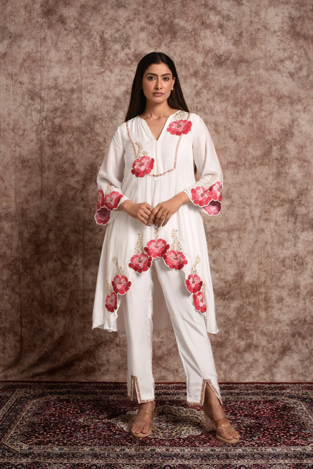 Roselle Ivory Pink Floral Embroidered Asymmetric Kurta Set with Trousers