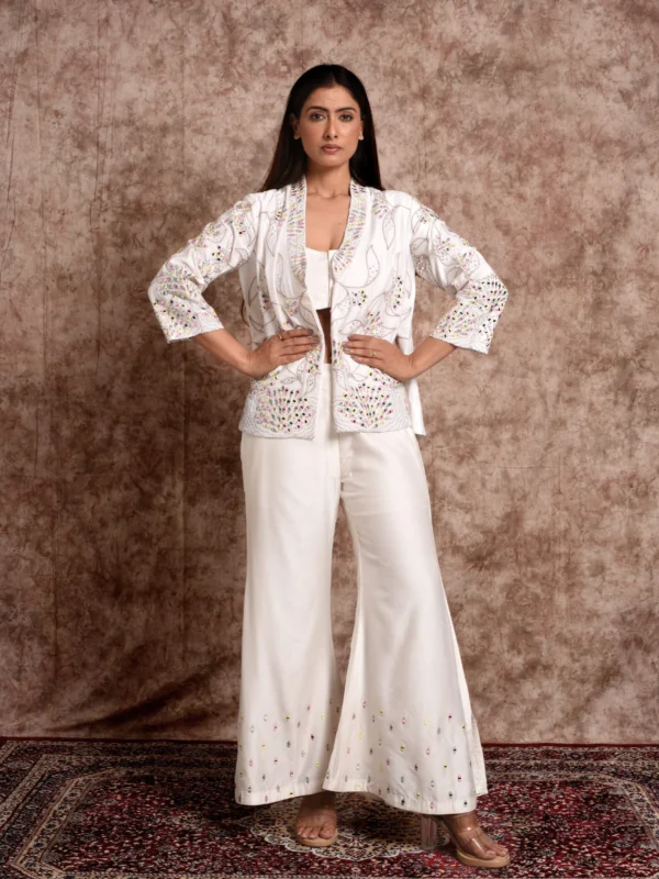 Aamani Coral Pillar white Indo-Western outfit with jacket and wide pants by EmbroWhite