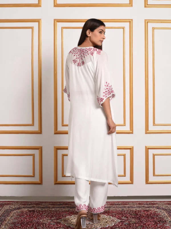 Back view of EmbroWhite white embroidered kaftan with matching straight pants