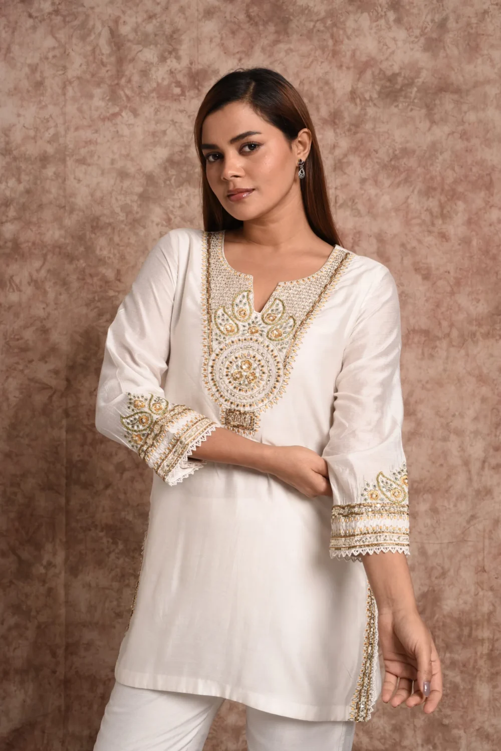 Sage Radiance – White & Gold Embroidered Short Kurta Set with Dupatta