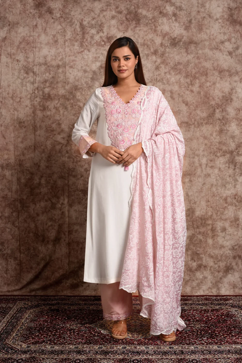 Inara White & Pink Floral Embroidered Kurta Set with Dupatta