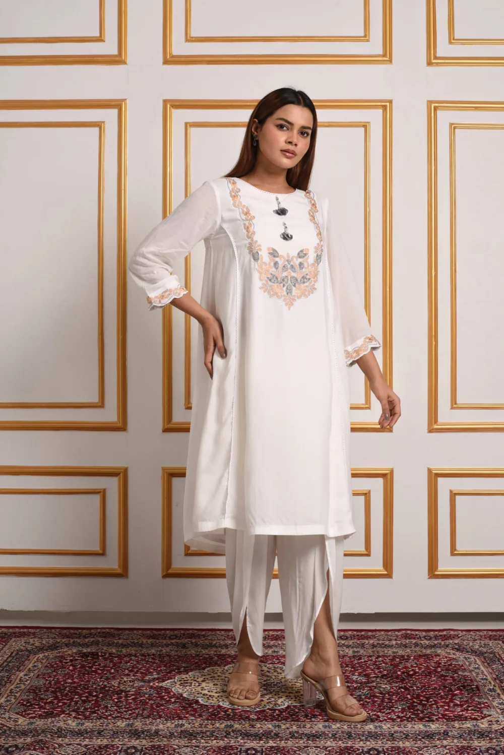Vanya White Floral Embroidered Kurta Set with Dhoti Pants and Dupatta