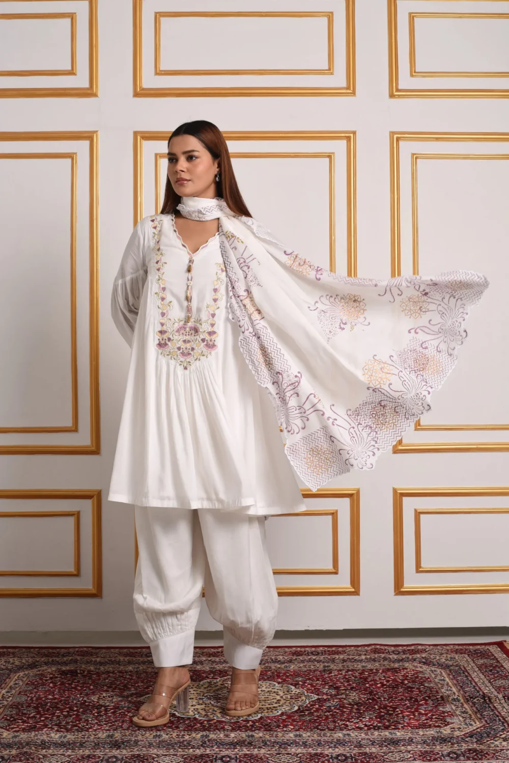 Meher – White & Lavender Floral Embroidered Short Kurta Set with Dhoti Pants & Dupatta