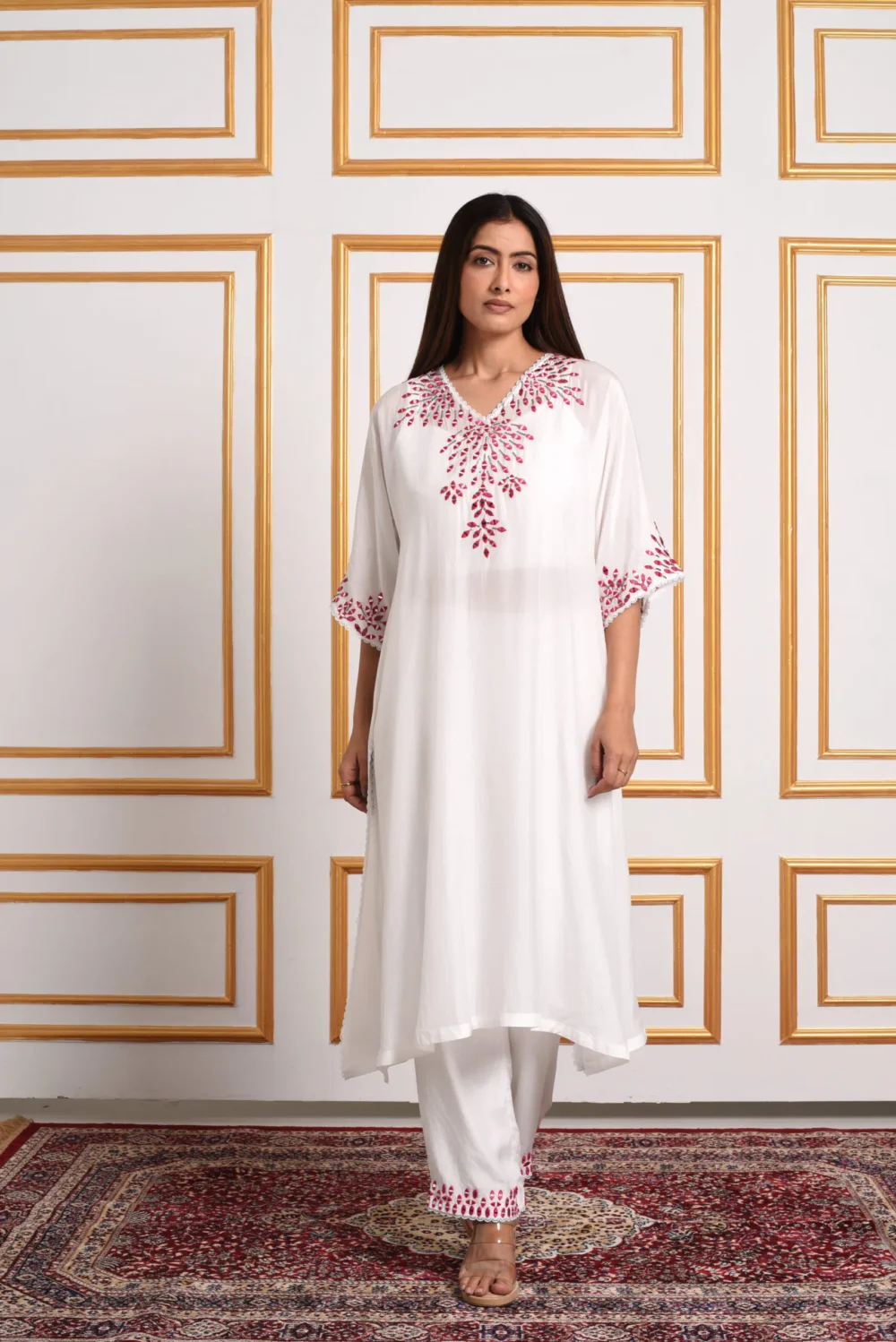 Ivory Gardenia Embroidered Kaftan Set