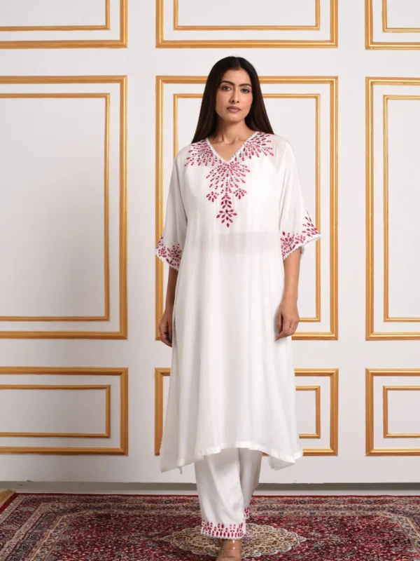 Full length view of EmbroWhite Floribunda ivory gardenia embroidered kaftan set