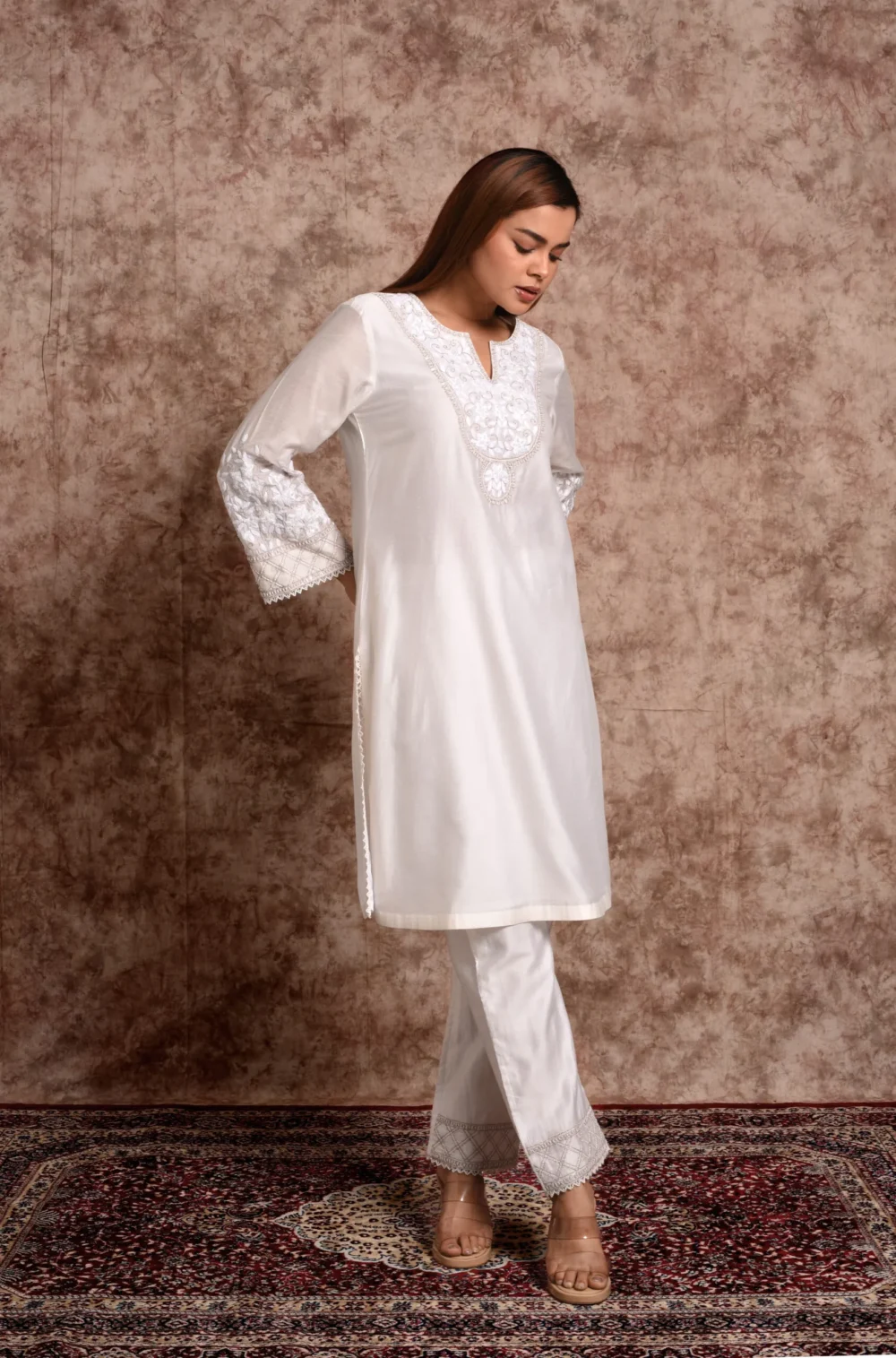 Kaira White Floral Embroidered Kurta Set with Straight Trousers
