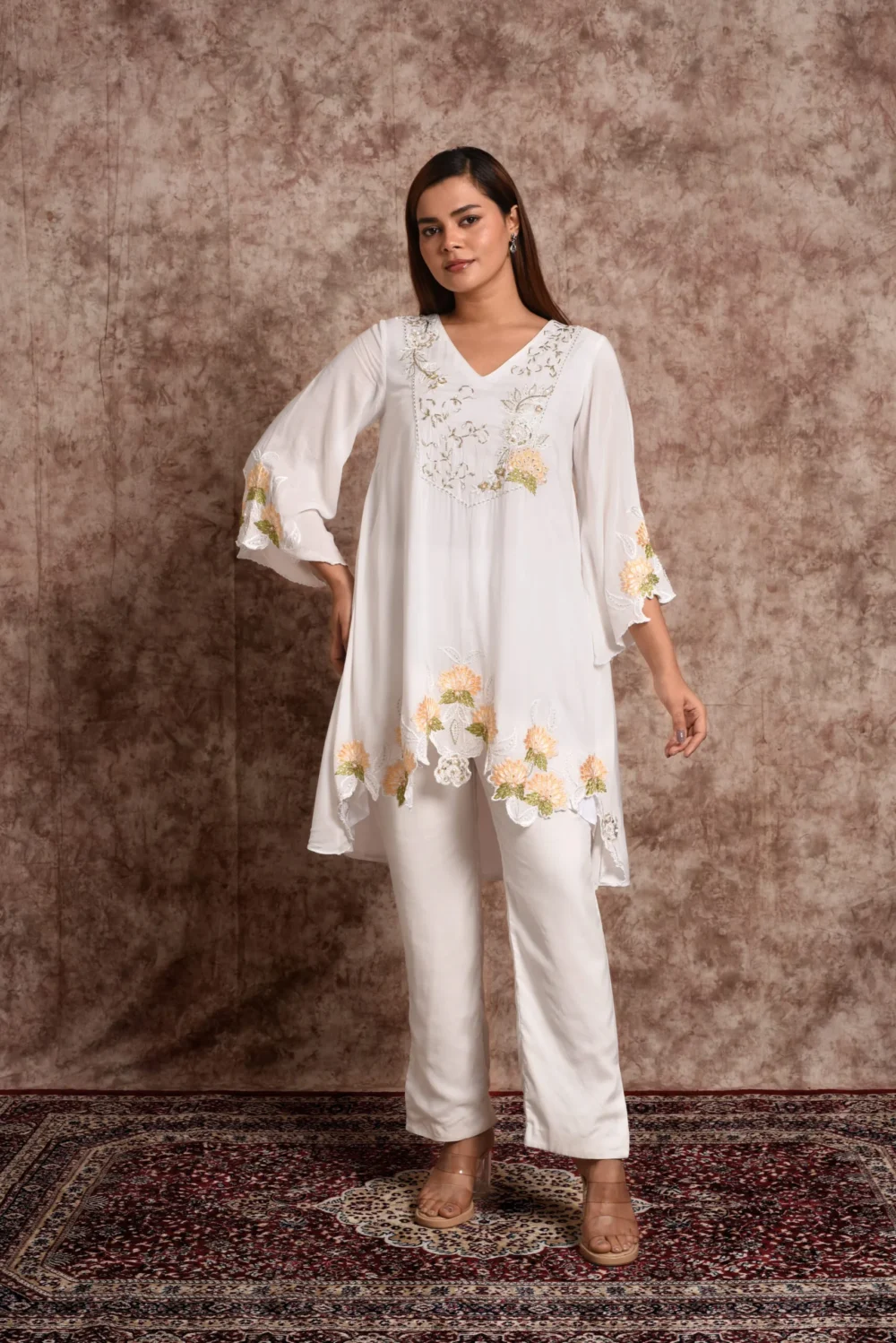 Zora White Peach Floral Asymmetric Kurta Set with Straight Trousers
