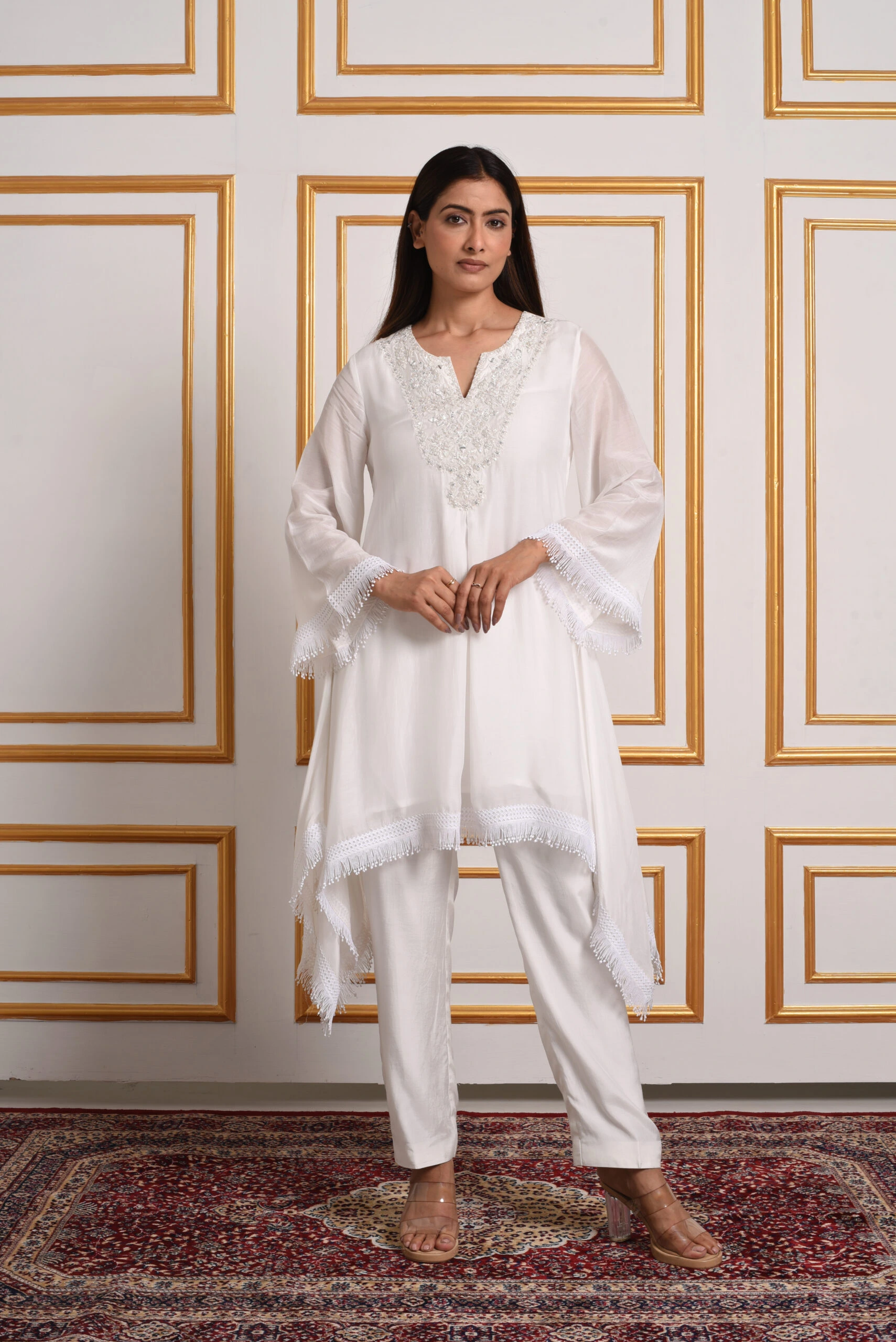 Sunset Bouquet Heritage White Kurti Set styled with straight pants by Embrowhite Sunset Bouquet Heritage White Kurti Set styled with straight pants by Embrowhite